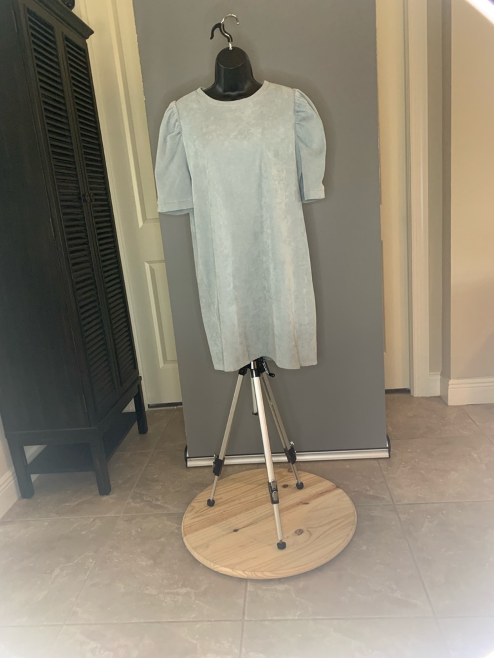 Molly Bracken Light Blue Puff Sleeve Soft Corduroy Dress